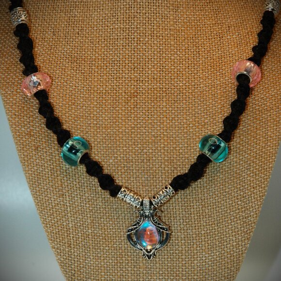 Bohemian Lotus Flower Teardrop Moonstone on a 20 1/2" Handmade Black Hemp Chain - Picture 3 of 6